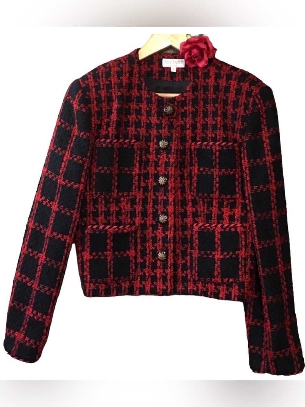 VTG Ann Taylor Red Black Plaid Woven Nubby Tweed Cropped Jacket Blazer Sz 8